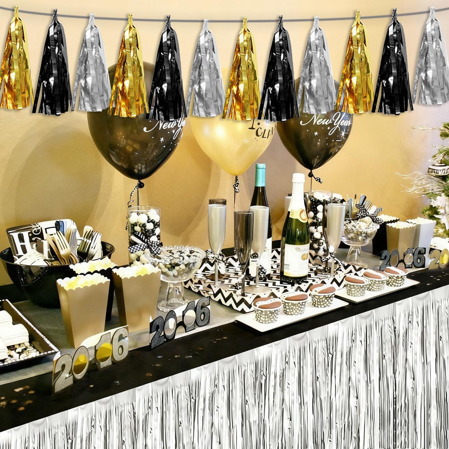 4P Black Gold Silver Tassel Banner Garland Metallic Foil Fringe Banner Tinsel Tassels Streamer Banner Backdrop for Parade Floats, 2025 Graduation Decorations, New Years Decorations,Father' Day