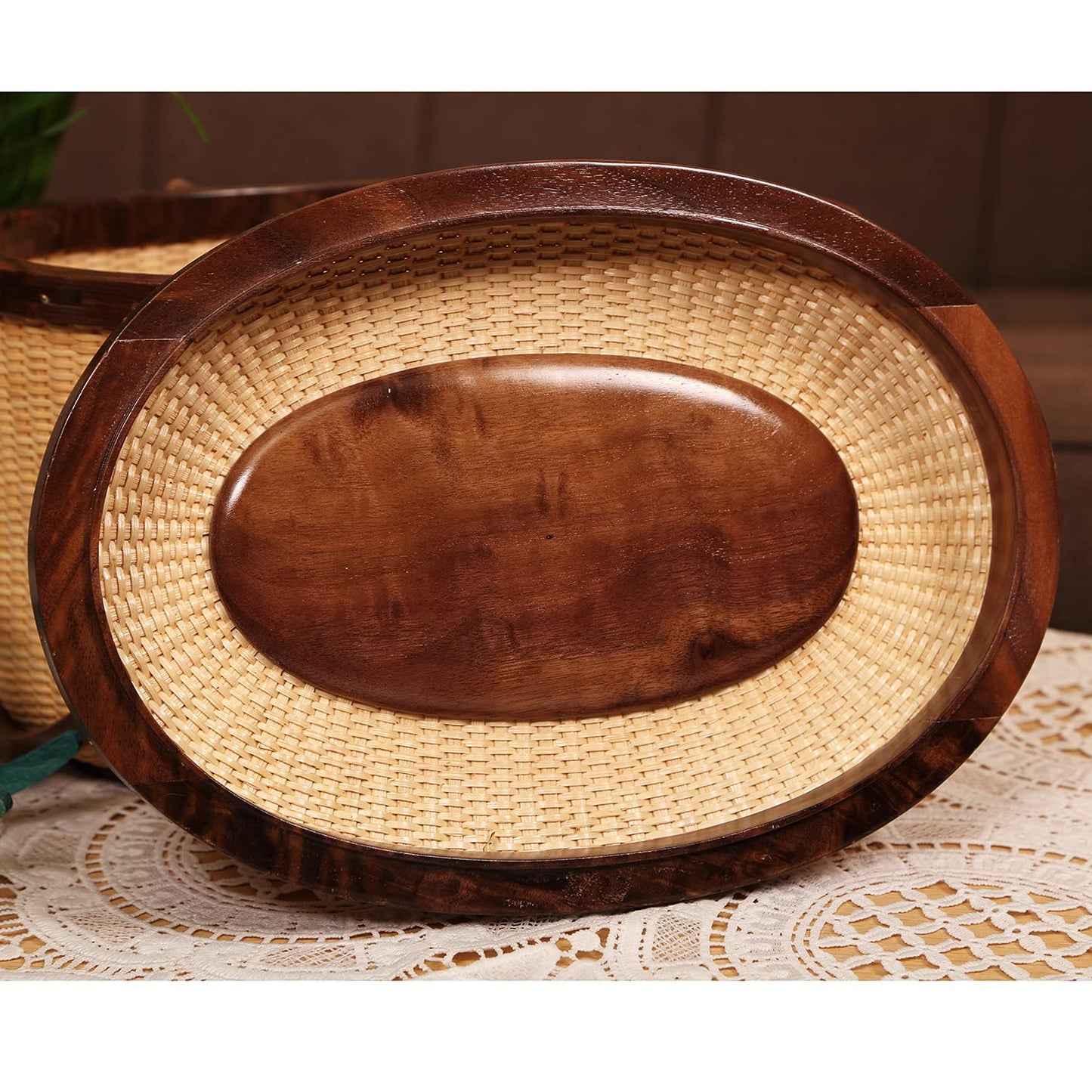 Teng Jin Nantucket Sewing Basket Purse, Containers with Dual Wood Handles .Cane-on-cane weave basket craft basket, with lid with handle