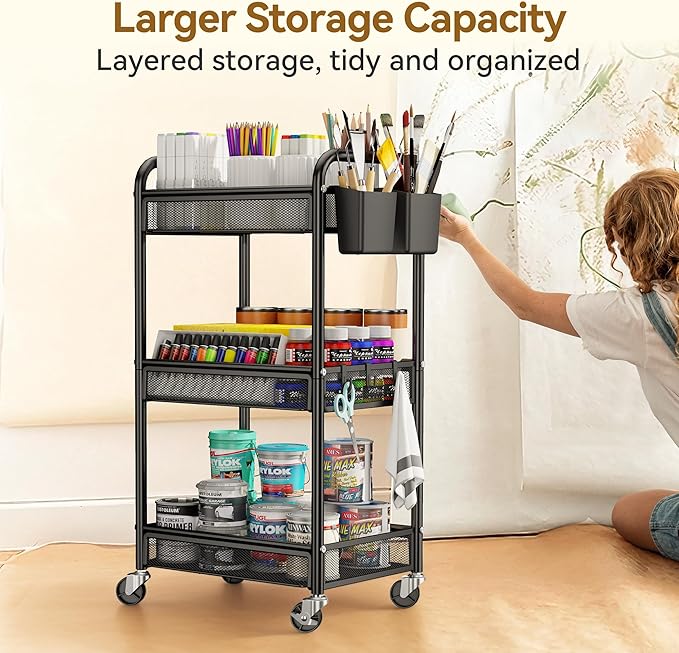 YASONIC 3 Tier Rolling Cart – Metal Utility Storage Carts