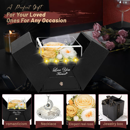 DRTINA Preserved Three Real Champagne Rose with I Love You Angel Wings Necklace-Eternal Flowers Birthday Gifts for Women Wife Mom Girlfriend Grandma on Mothers Day Valentines Anniversary Christmas