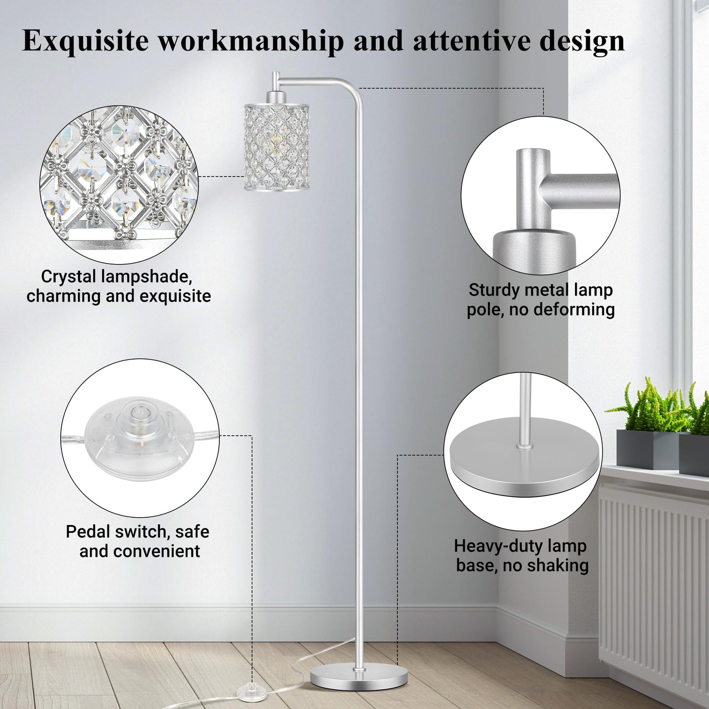 QiMH Industrial Floor Lamp for Living Room, Modern Standing Lamp with Crystal Lampshade Pedal Switch, 67” Tall Lamp for Bedroom Study Room, Silver (2700K LED Bulb Included)