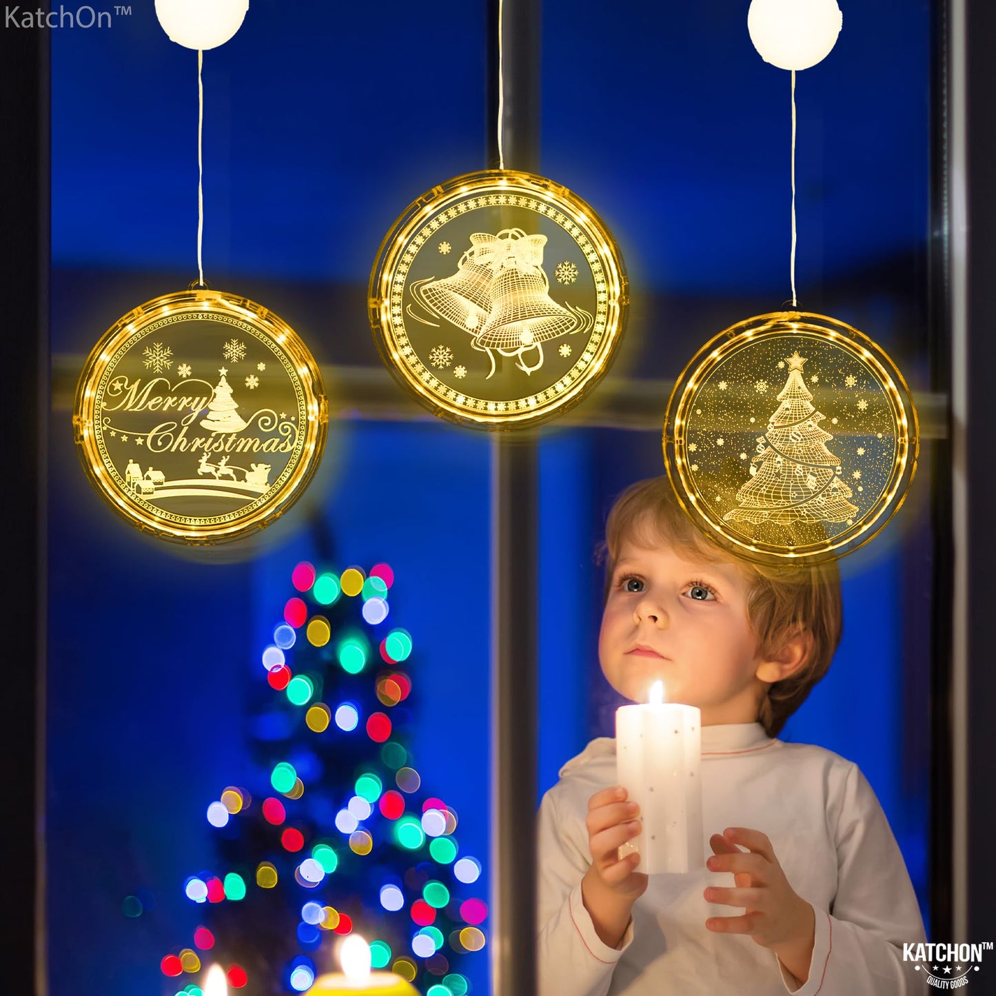 KatchOn, Light Up Window Christmas Decorations Indoor - Pack of 3 | Santa, Reindeers and Christmas Tree for Party Decorations | LED Hanging Lights, Battery Operated Christmas Lights Indoor