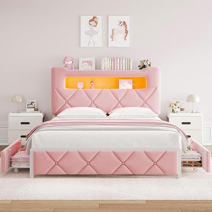 Queen Upholstered LED Bed Frame