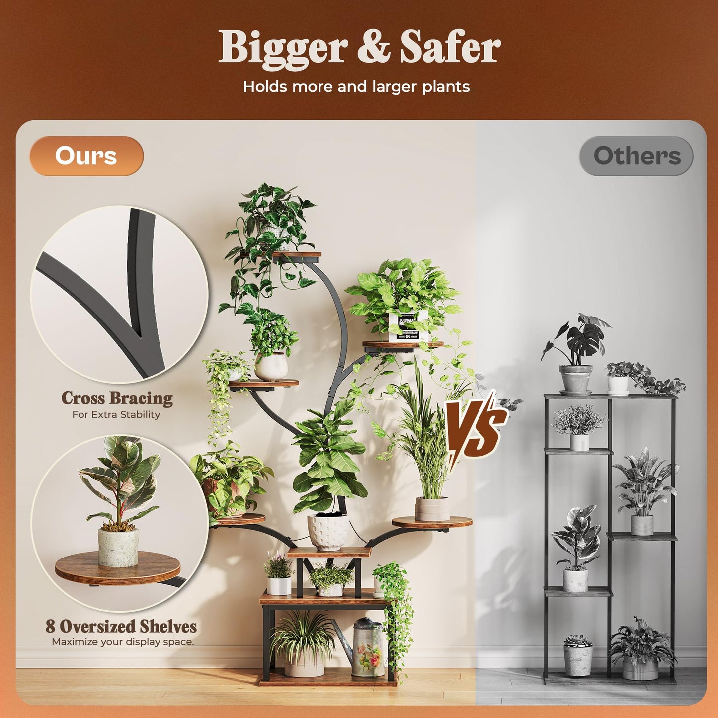 PRAISUN 51 Inch Plant Stand with Grow Lights, 8 Tiered Indoor Plant Shelf with Larger Flower Holder, Curved-tubed Design, 3 Light Modes, Corner Plant Rack for Living Room, Rustic Brown