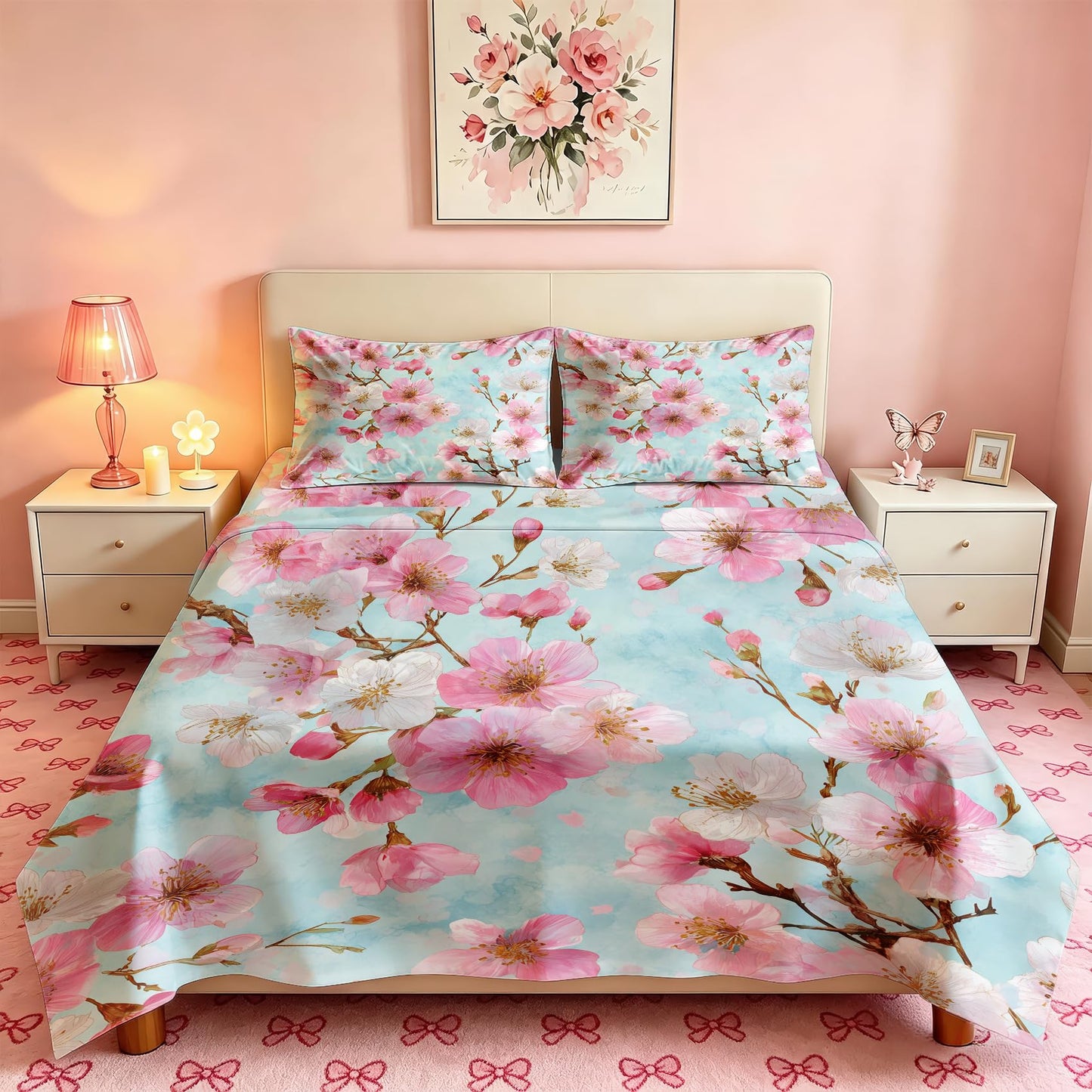 Cherry Blossom Queen Bedding Set Spring Floral Sheet Sets