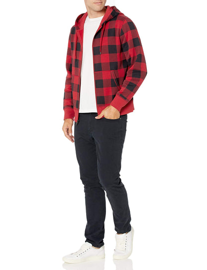 Amazon Essentials Men's Full-Zip Fleece Hoodie (Available in Big & Tall), Black Red Buffalo Plaid, X-Large