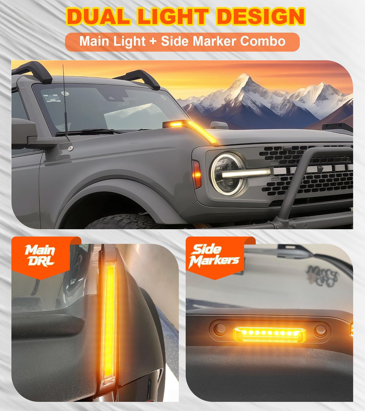 LED Hood Handle Trail Sight Lights for Ford Bronco 2021 2022 2023 2024 2025 2026 Accessories Fog Light Kit Marker Lighting Bar (Amber DRL with Side Markers)