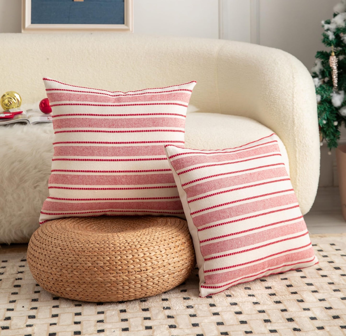 Cethom Christmas Pillow Covers, Boho Textured Red Pillow Case, Pillow Covers 18 x 18 Inch Set of 2 Christmas Decorative, Chair Sofa Bedroom Living Room Home Holiday Decor Cushion Case