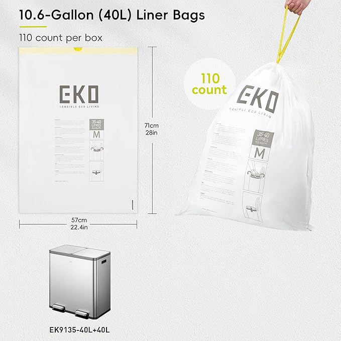 EKO 10.6 Gallon / 35–40 Liter Drawstring Trash Bags, Extra-Strong Leak-Resistant