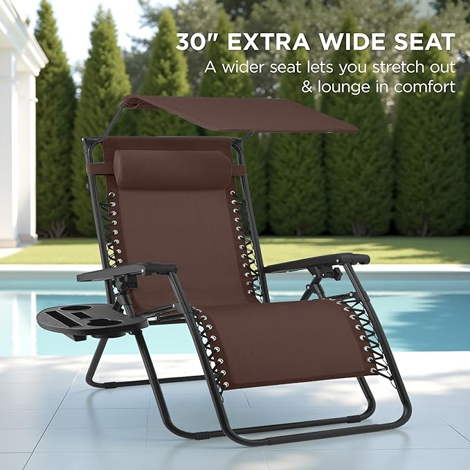 Best Choice Products 30” Wide Folding Zero Gravity Outdoor Recliner Patio Lounge Chair w/Adjustable Canopy Shade, Headrest, Side Accessory Tray - Brown