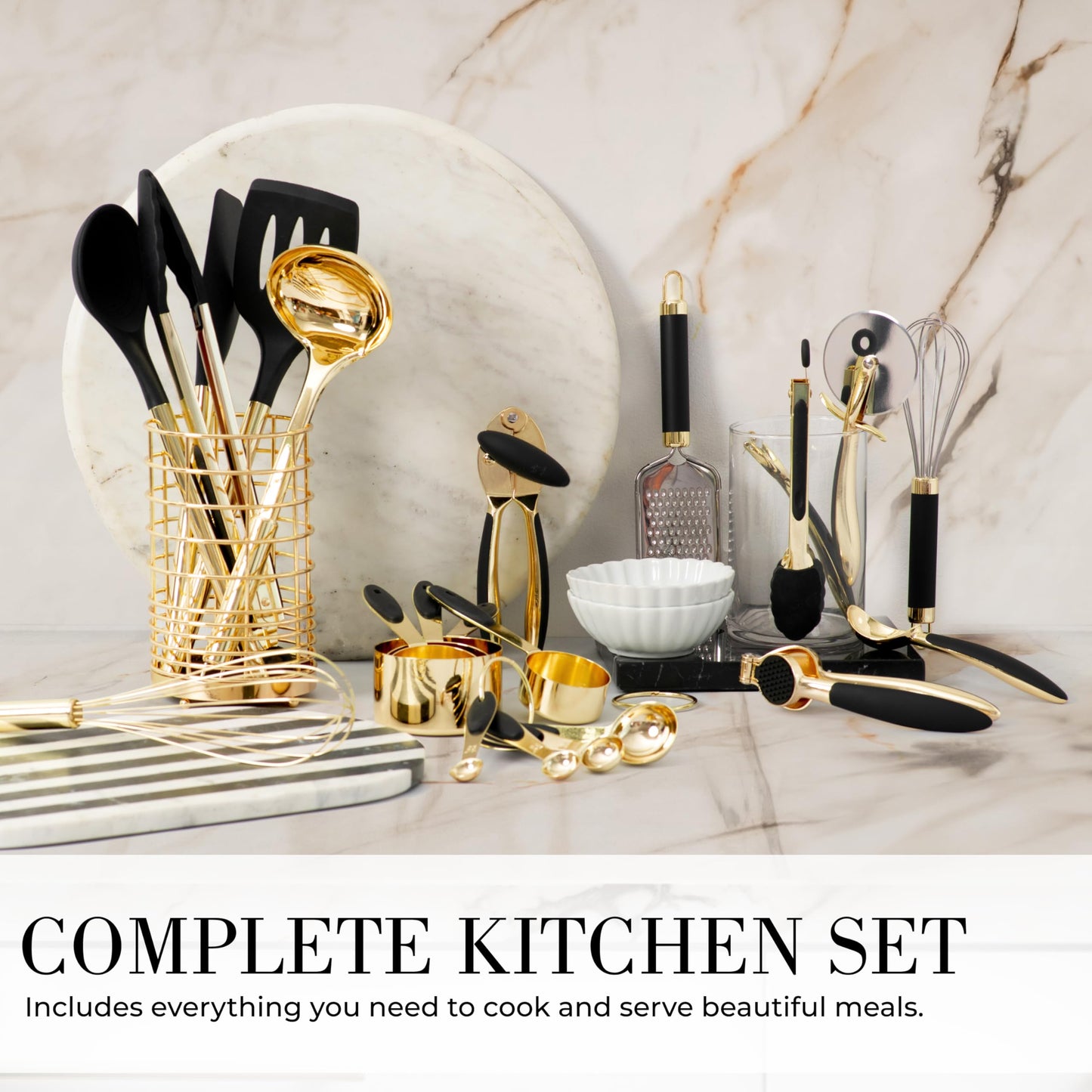 White & Gold Cooking Utensils Set - Luxe 8-Piece Kitchen Gadget Set Includes Can Opener, Tongs and Garlic Press - Stylish White and Gold Kitchen Accessories for Modern Kitchens, Ideal for Gifting