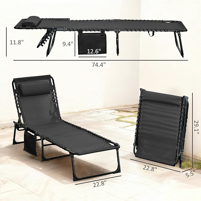Outsunny Chaise Lounge Chair Outdoor, 5-Position Adjustable Sun Tanning Chair with Carrying Handle and Side Pocket, Folding Bed Cot with Removable Pillow for Garden, Beach, Patio, Pool, Camp, Black