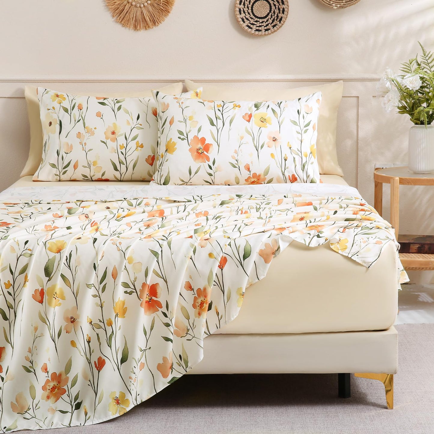 Botanical 6-Piece King Size Sheets Set, Boho Floral Print Brushed Microfiber Sheets, Cooling Bed Sheet Set, Ultra Soft & Breathable, 16' Deep Pocket Fitted Sheet & Pillowcase Set, Beige Floral