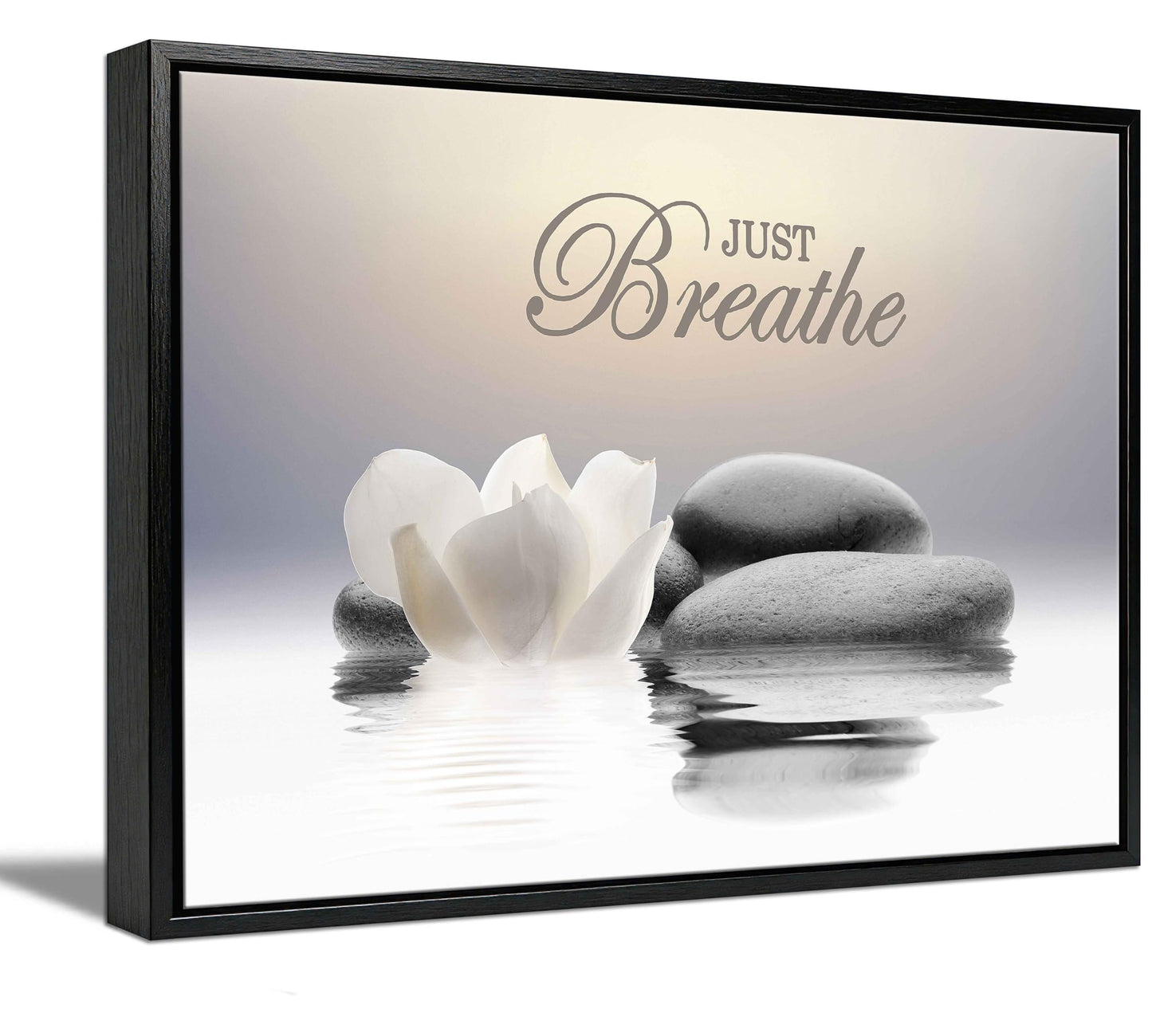 Framed Zen Stone Flower Wall Art White Lotus Just Breathe Yoga Quotes Picture Wall Decor Water Lily Stone Poster Print Artwork for Bathroom Yoga Room Spa Room Meditation Room Office Home Decoration