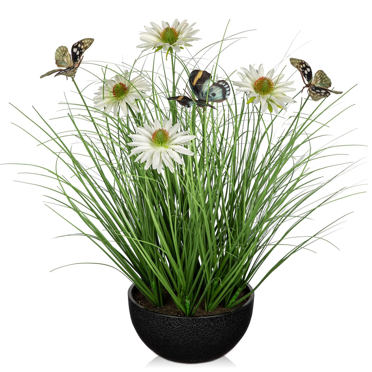 Artificial Plants Indoor with Pot, 17.3" Fake Potted Plants Artificial Onion Grass Plant with White Daisies Flowers and Butterflies Small Faux Plant Indoor for Home Living Room Table Shelf Decor