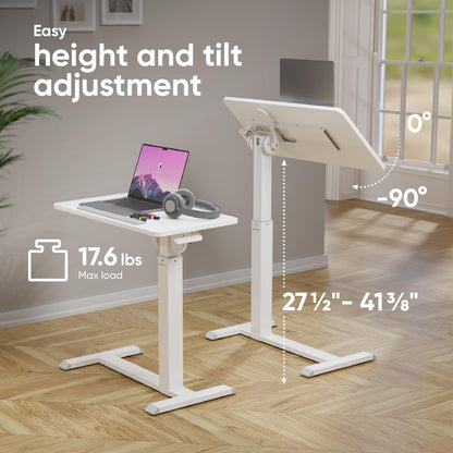 ONKRON Laptop Cart on Wheels, max Load 17.6 lbs, Small Rolling Table with Hidden Wheels, Mobile Standing Desk Adjustable Height, 90° Tilting Portable Workstation, Overbed Bedside Desk White
