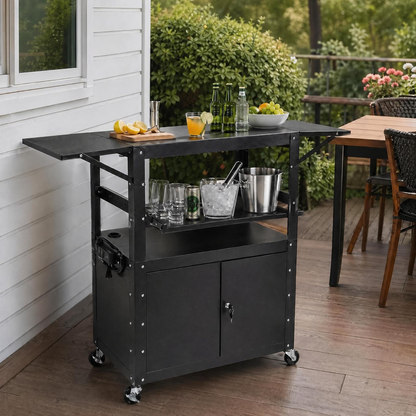 Adjustable Height AV Media Cart, 24-42 Inch Mobile Stand with Locking Storage, Extended Tray Organizer, Cable Management Wheels, for Home Office School