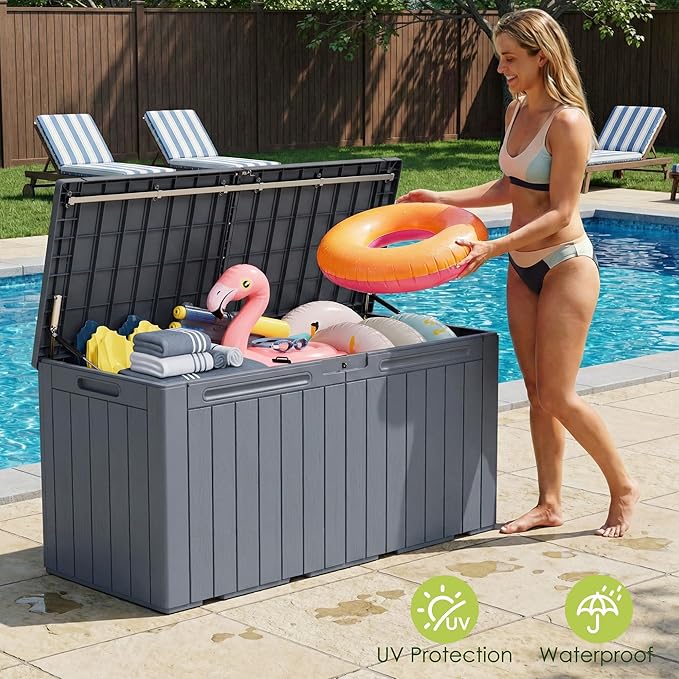 Devoko 100 Gallon Outdoor Storage Box, Waterproof Resin Deck Box for Patio Furniture, Lockable Container for Garden Cushions & Pool Supplies (Gray, 100 Gallon)
