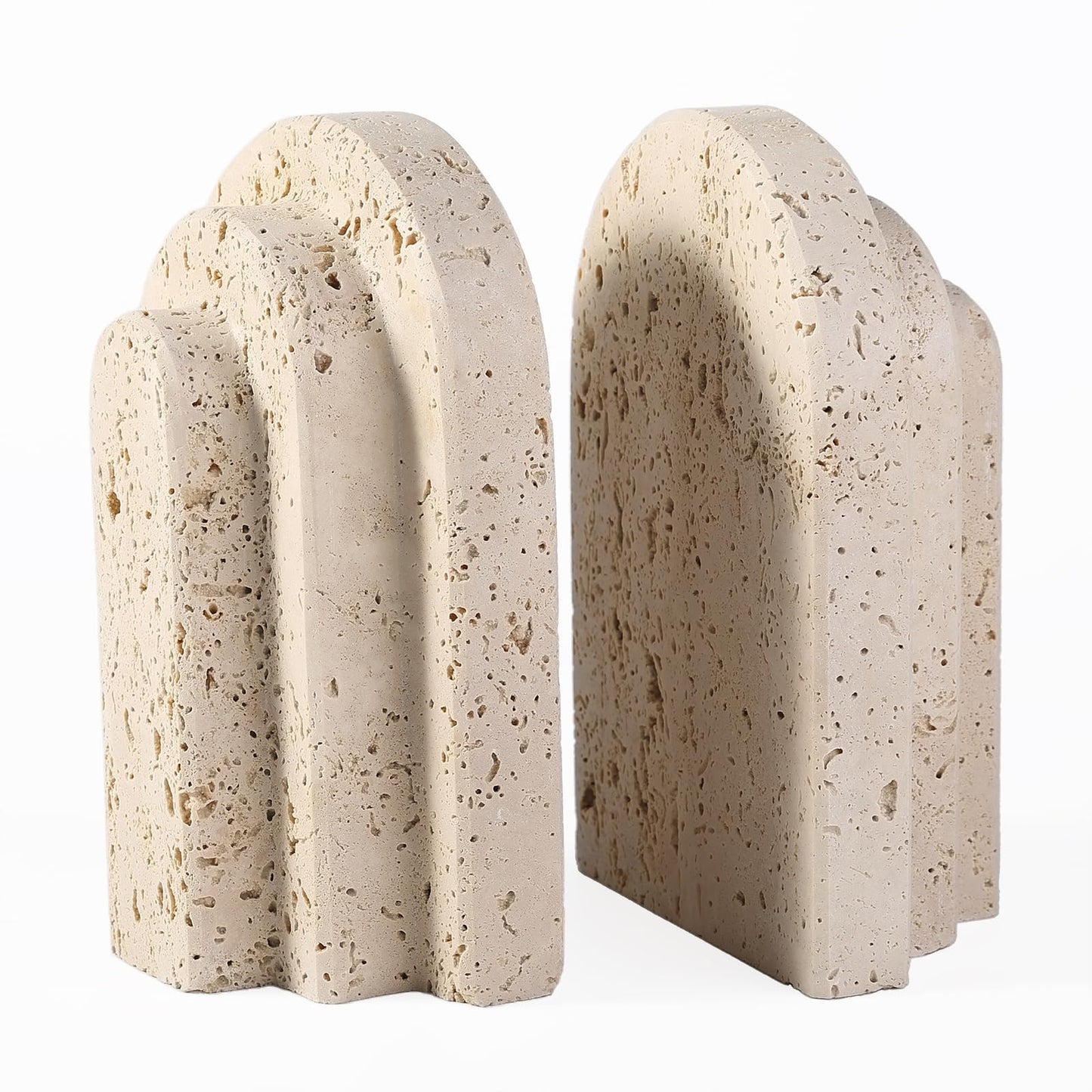 Natural Marble Book Ends - Heavy Duty Bookends for Shelves - Aesthetic Layered Arch Design Stone Book Holders, Unique Modern Office Bookshelf Stopper Decor for Books/CDs(Travertino Turkey)