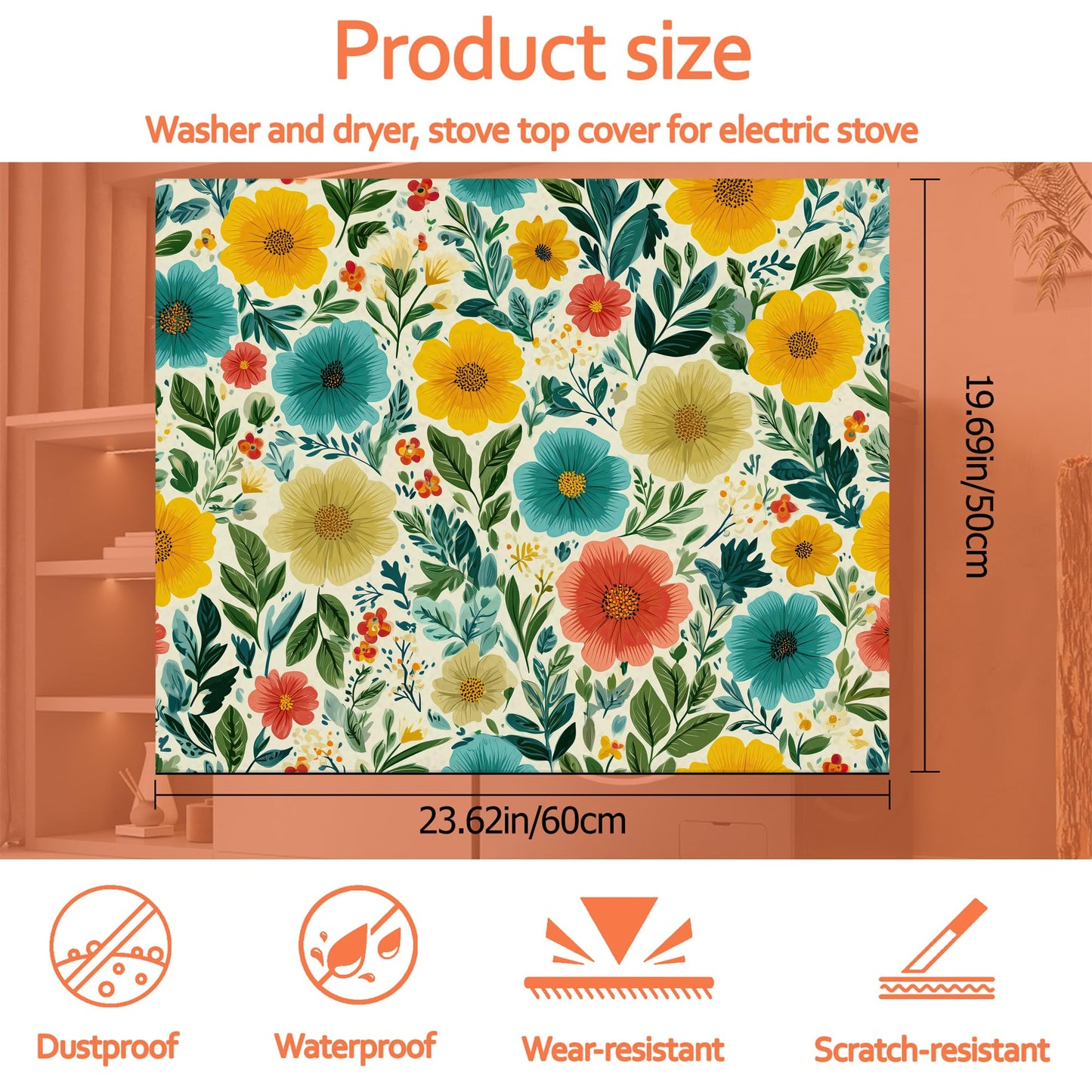 Cute Flowers Leaves Washer and Dryer Covers for the Top,Washing Machine Dust Cover Pad Anti-slip Absorbent Protector Mat for Washer Dryer Home Decor,23.6"x19.7"