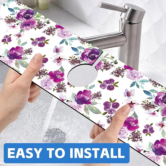 Watercolor Purple Flowers Faucet Absorbing Mat Splash Guard Draining Mat Fast