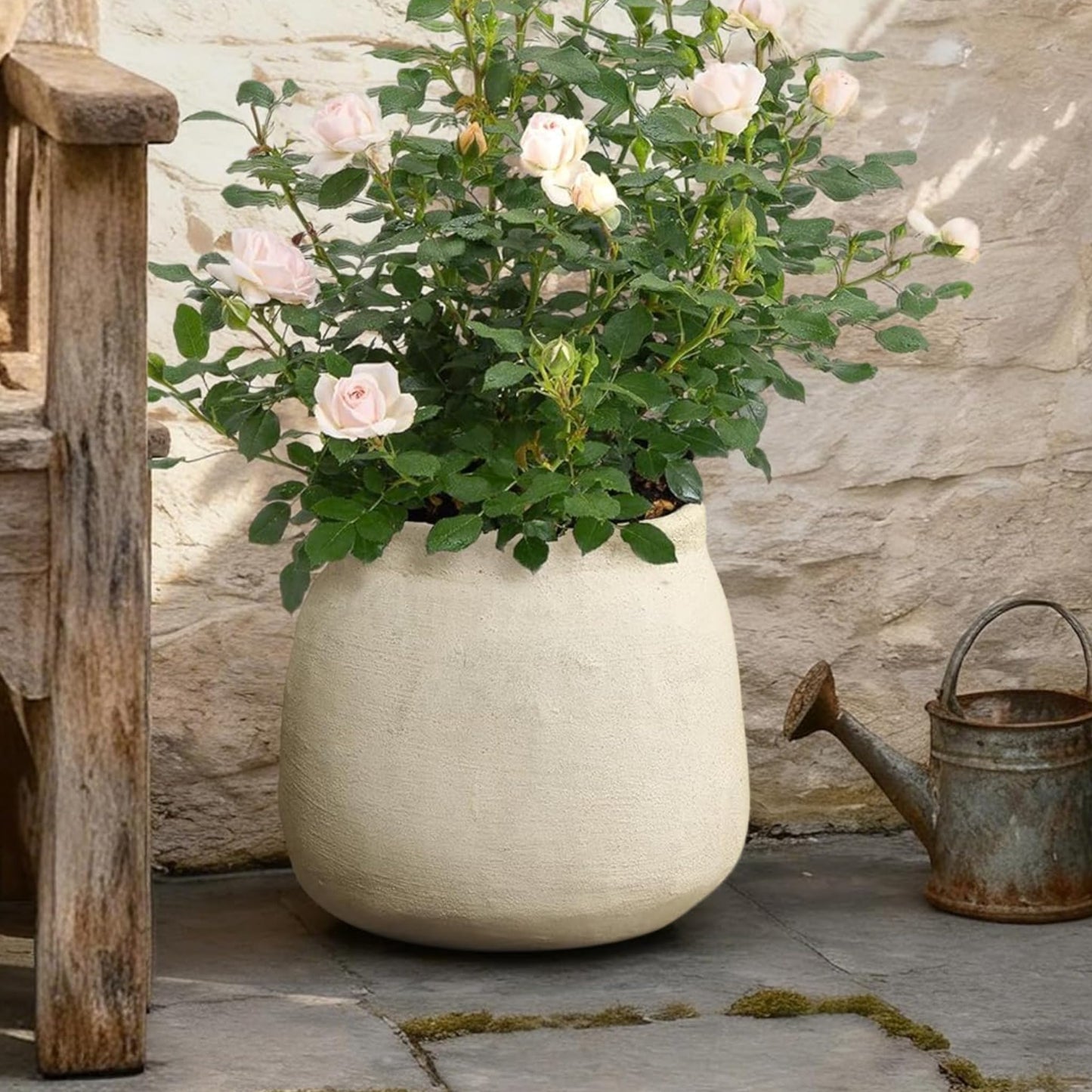 LuxenHome 12" Dia Cement Round Plant Pot, Beige Large Flower Pot with Drainage Hole, Rustic Decorative Planter Pots Indoor Outdoor for Home Garden Patio