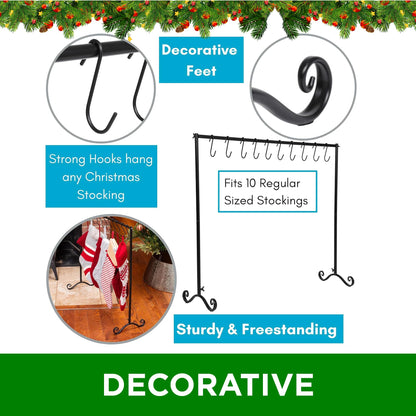 BIRDROCK Home 10-Hook Christmas Stocking Holder Stand | Lightweight Iron Metal Freestanding Rack for Holiday Decor | Versatile Stocking & Ornament Hanger Display for Home, Floor & Living Room - Black