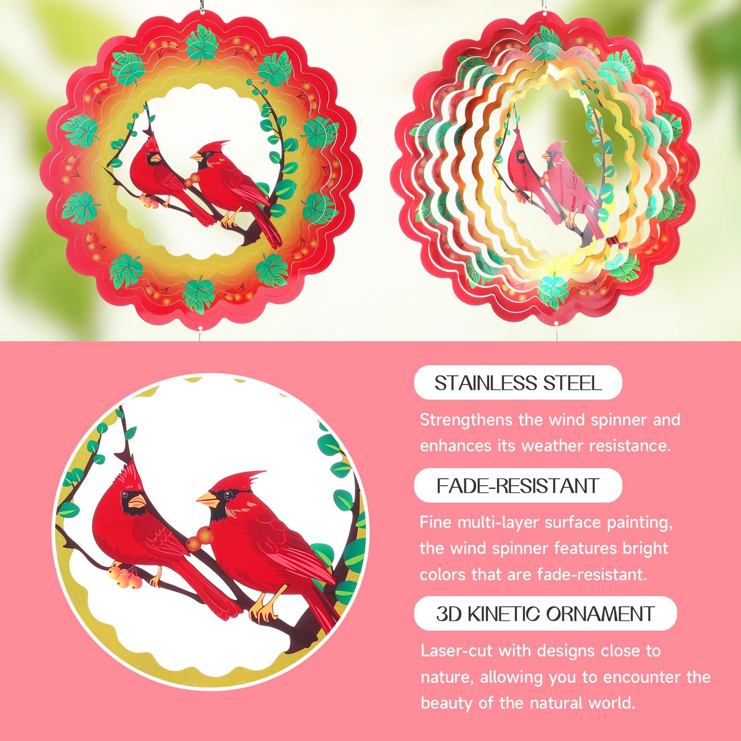 Cardinal Wind Spinners Gift for Women Men, 12 Inch Outdoor Metal 3D Wind Spinner Garden Yard Decor, Hanging Wind Catchers Stainless Steel Kinetic Sculpture for Outside Decoration