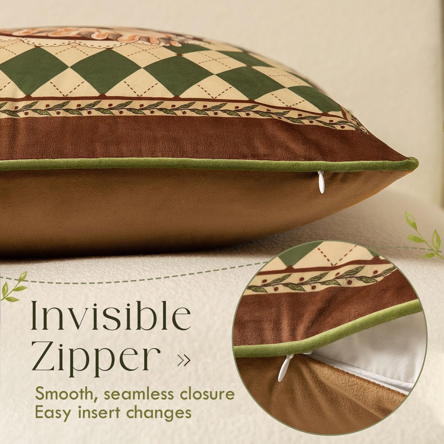 Livebee Deer Checkered Pillow Cover Decorations, Velvet Euro Sham Covers Decorative Throw Pillow Covers 18x18 for Couch Sofa Bed Living Room, Deer Green