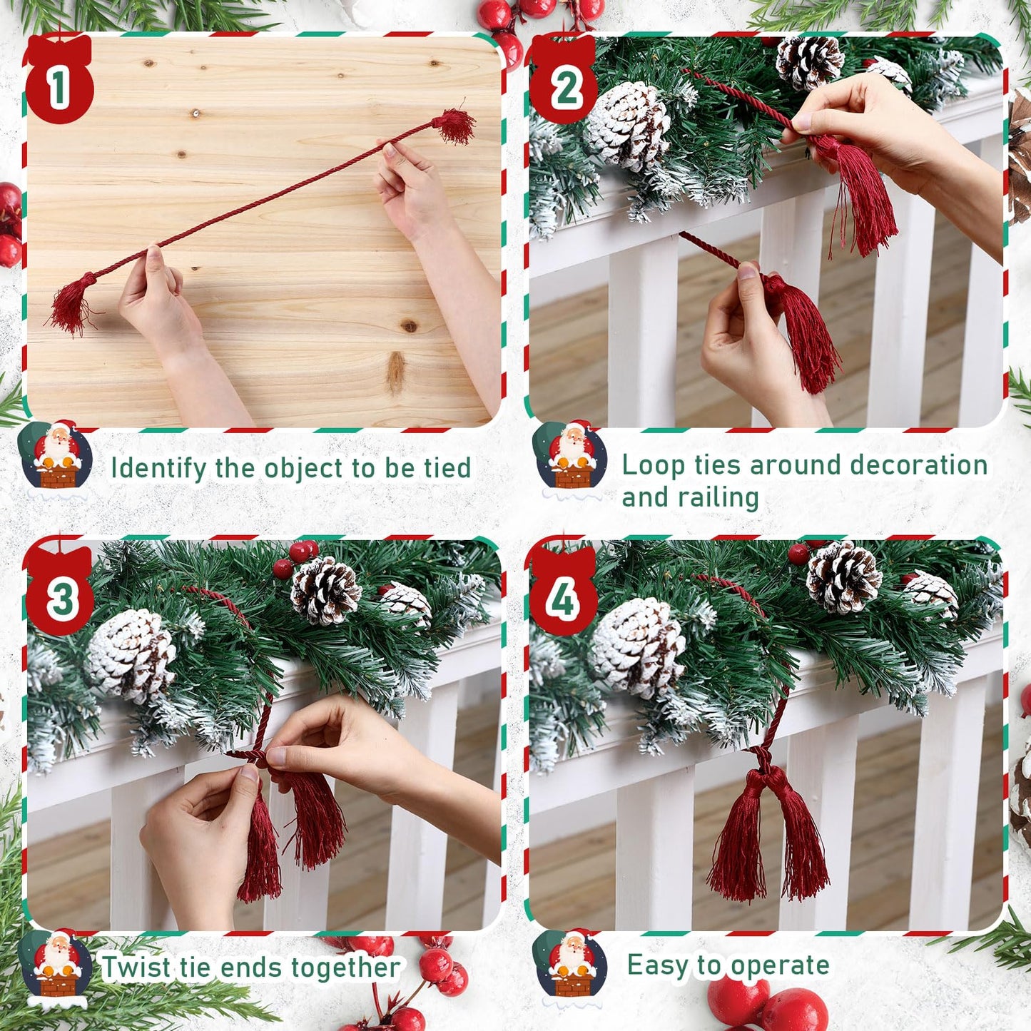 Zhengmy 15 Pcs 24 Inch Christmas Garland Ties with Tassels Decorative Twist Tie for Banister Reusable Flexible Twist Tie for Garland Fireplace Staircase Banister Home Xmas Holiday Decorations (Red)