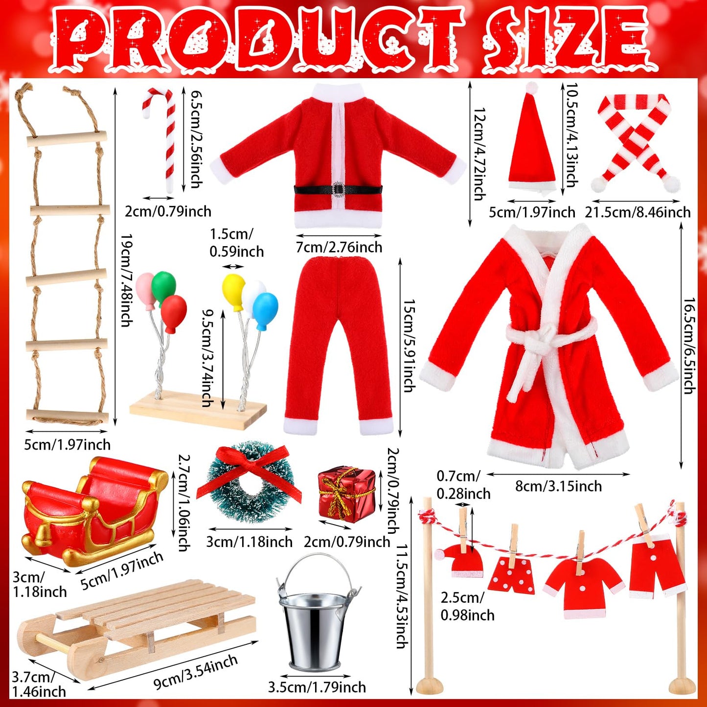 Civaner 34 Pcs Christmas Elf Costume and Accessories Set Include Mini Santa Outfits Elf Robe Scarf Hat Ladder Candy Canes Sled Gift Box Balloon Wreath and Mini Props for Xmas DIY Craft Gift