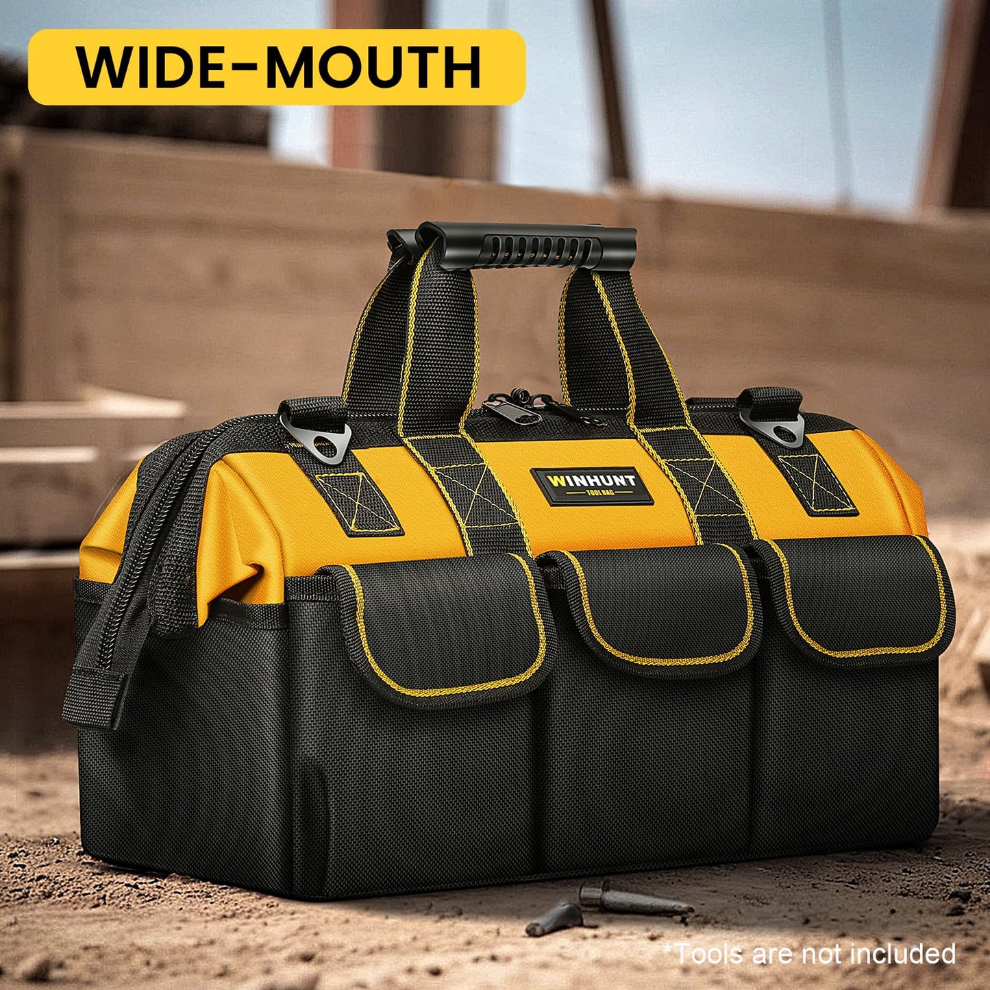 WINHUNT Heavy Duty Tool Bag with Adjustable Shoulder Strap, Waterproof Wide Open Mouth Tools Storage Organiser, 15 Inch, Yellow