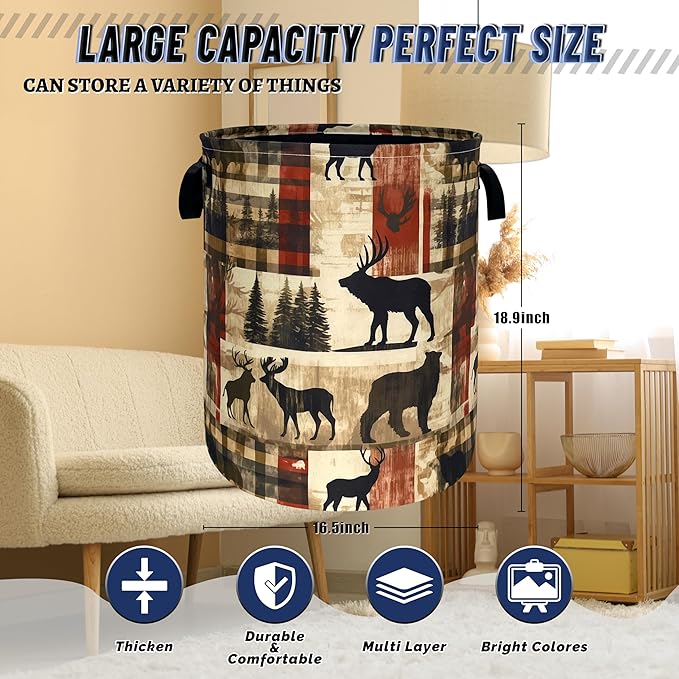 Deer Laundry Basket Portable Oxford Cloth Funny Retro Forest Animal Bears