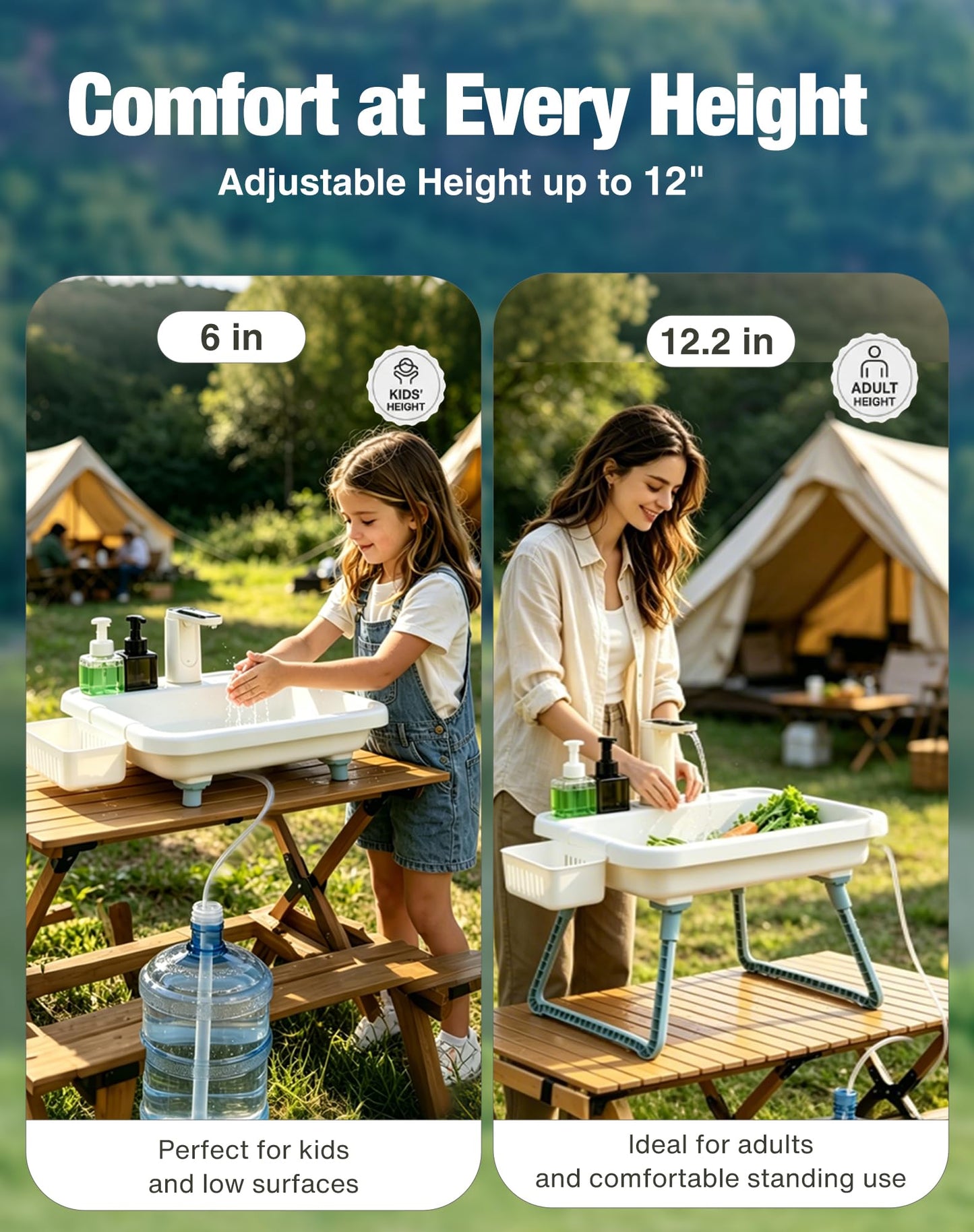 Portable Outdoor Sink with Electric Faucet - Adjustable Height Camping Sink, 3 Water Modes Hand Washing Station, Lightweight RV Portable Sink for Camping Backyard Dishwashing
