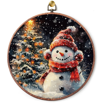 heiyihe Round Christmas Trees Snowman Hanging Canvas Artwork, 10x10 Inches Round Christmas Canvas Frame Wall Art Decor, Embroidery Kit Decor for Home Living Room, Gift Ideas for Family Friends-A09
