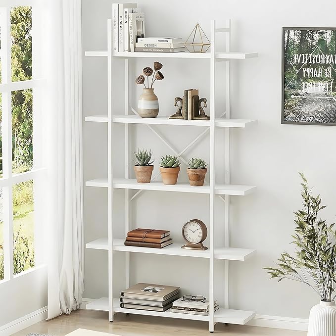 Bookshelf 5 Tiers White Wooden Storage Shelf, Modern Open Display Storage