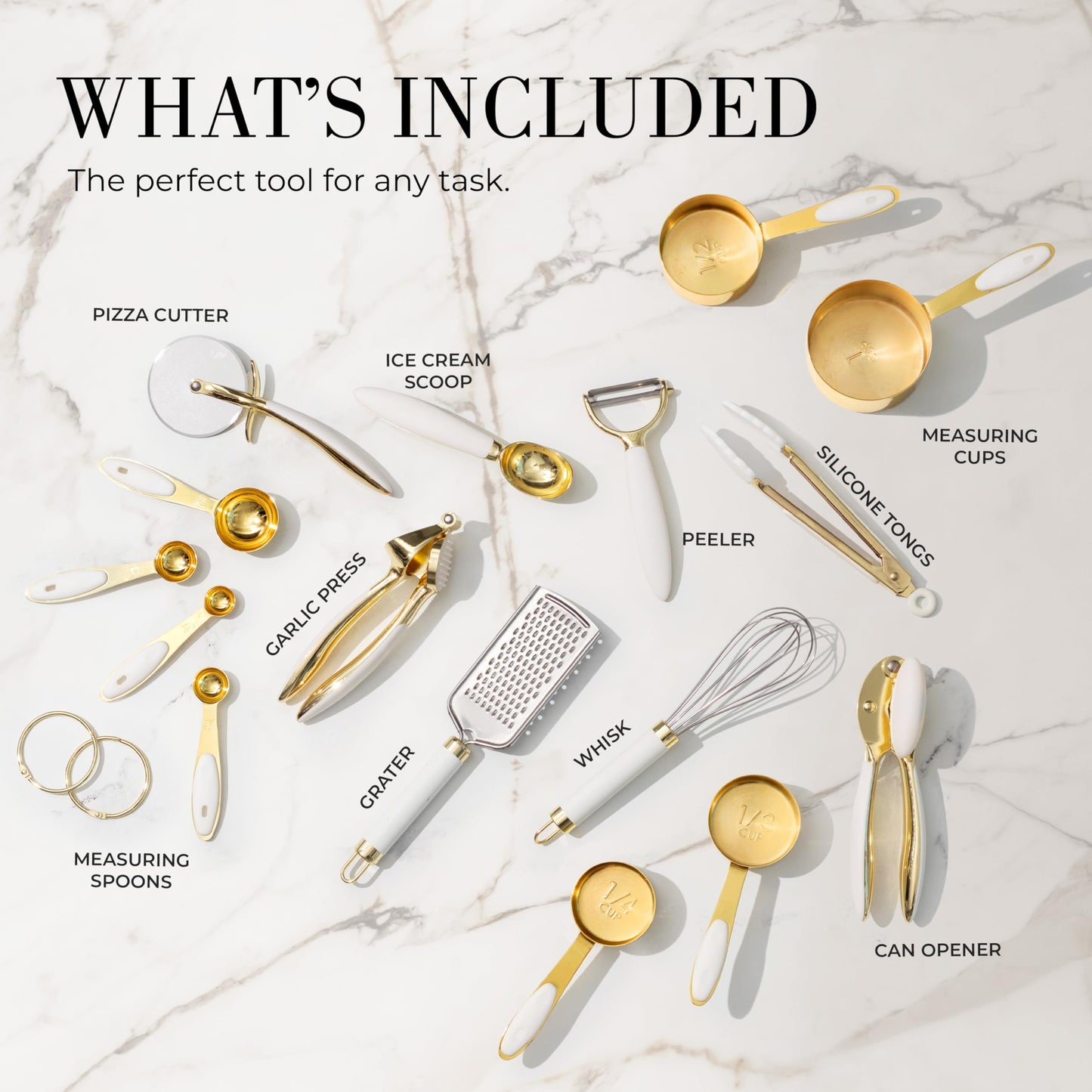White & Gold Cooking Utensils Set - Luxe 8-Piece Kitchen Gadget Set Includes Can Opener, Tongs and Garlic Press - Stylish White and Gold Kitchen Accessories for Modern Kitchens, Ideal for Gifting
