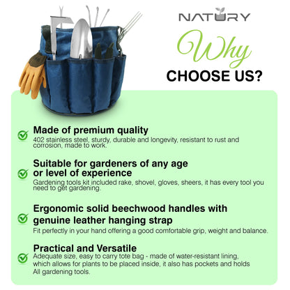 Natury Garden Tools Set – Premium Stainless Steel Gardening Hand Tools with Solid Beechwood Handle – Gardening Kit with Rake, Shovel, Gloves, Shears, Tool Organizer – Garden Gifts for Women and Men