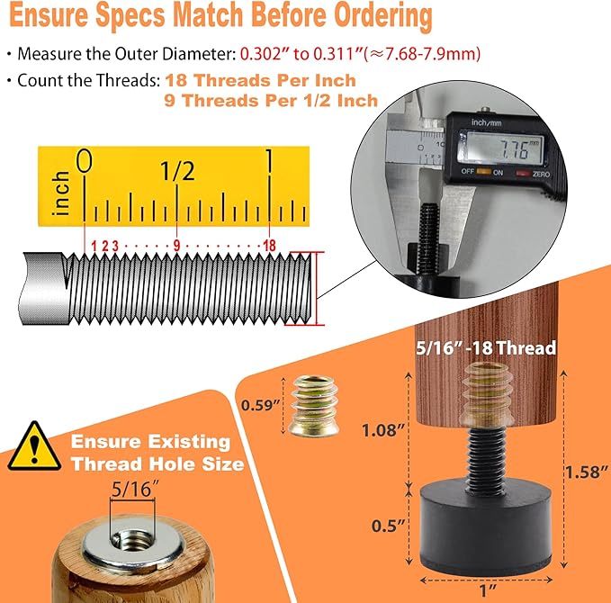 5/16 Rubber Adjustable Furniture Leveler，8 Pack Leveling Feet Screws in Threaded