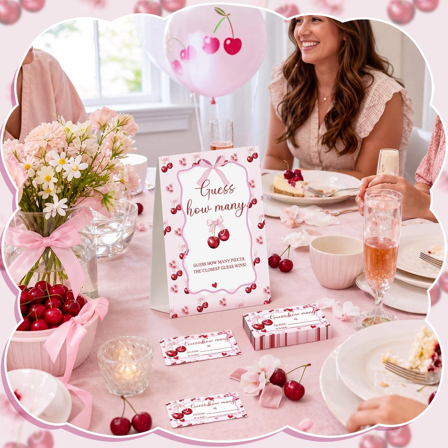 Lerheedi Cherry Bow Guess How Many Baby Shower Game Pack of 1 Tabletop Sign with Stand and 50 How Many Cards, Coquette Cherry Gender Reveal Party Game Decorations