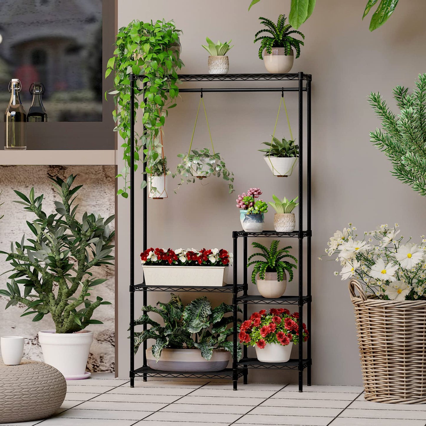 Xiofio Plant Stands for for Indoor Outdoor, Heavy Duty Metal Plant Stand,large Plant Shelf,Adjustable Plant Shelves With Hanging Rod for Living Room,Balcony,Garden,Black