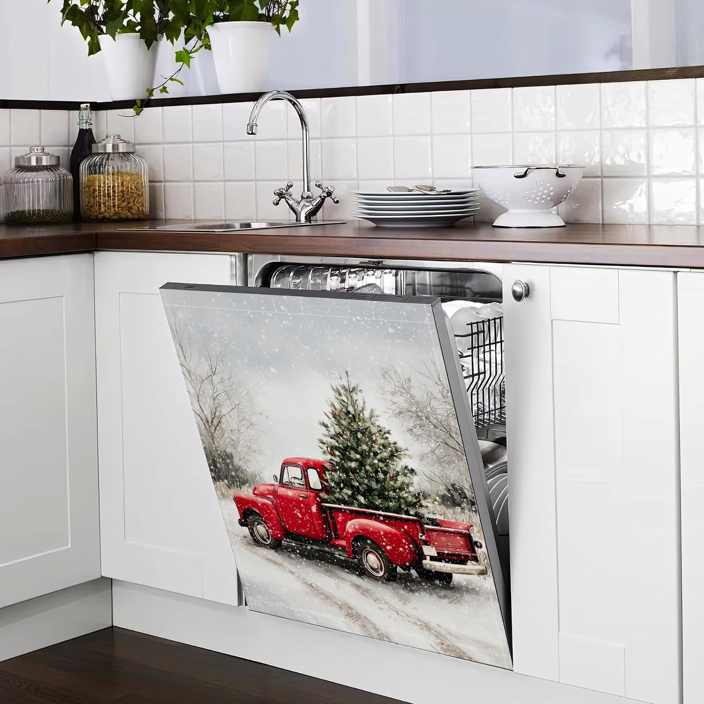 Washable Red Truck Dishwasher Magnetic Cover for Kitchen Decor,Christmas Tree Refrigerator Magnet Front Panel for Appliances,23 x 26 Inch