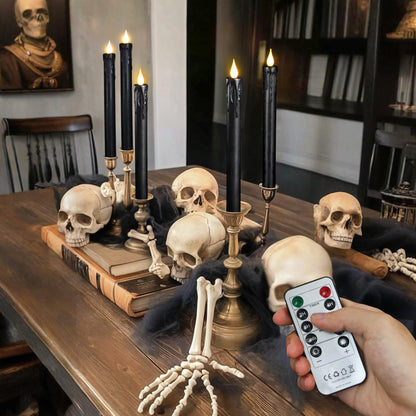 yunsheng 6Pcs Black Flameless Taper Candles with Remote Timer, 9.5 Inches Real Wax Battery Operated LED Candles, 3D Wick Warm White Flickeing Candle for Halloween Party Home Decor
