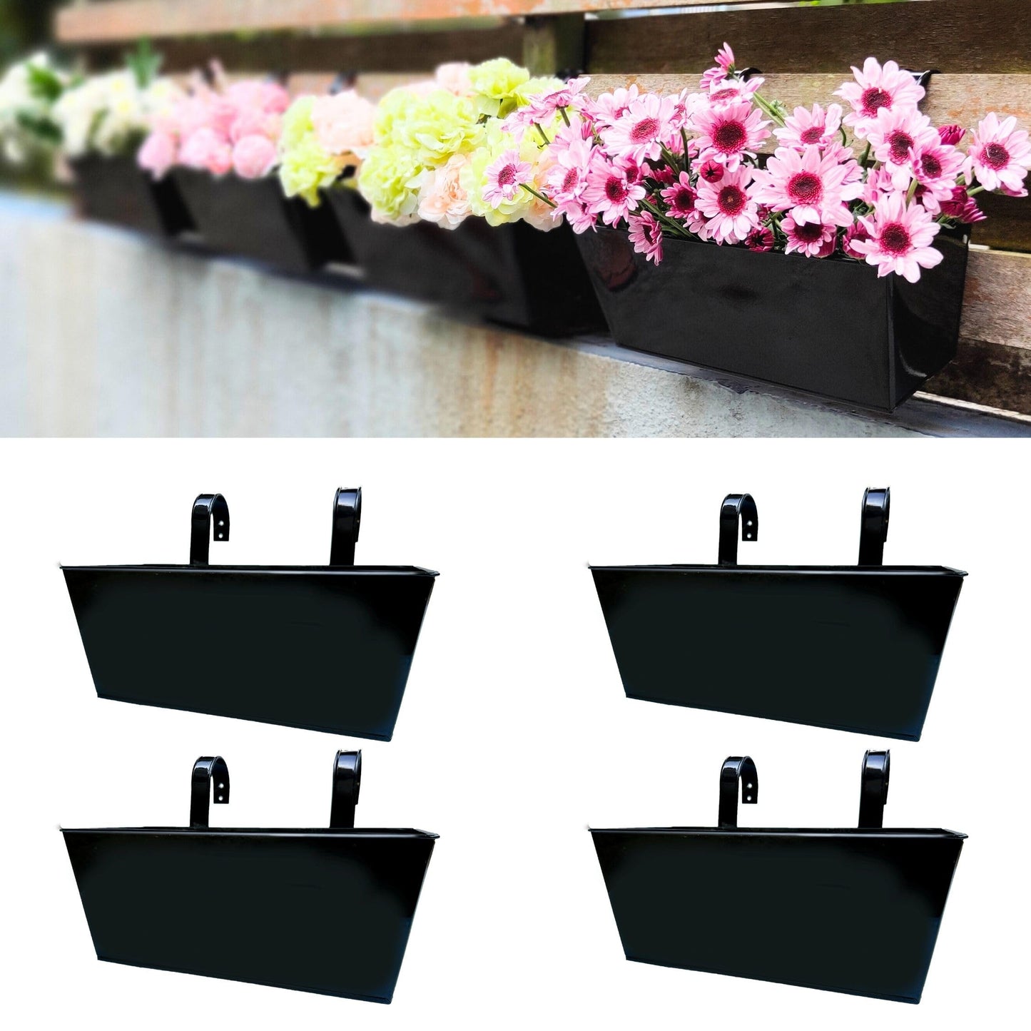LaLaGreen Railing Planter (4 Pack, 14 Inch) Black Metal Rectangle Hanging Flower Pots Balcony Bucket Deck Rail Fence Trendy Long Strawberry Succulent Plant Holder Farmhouse Countryside Style Outside