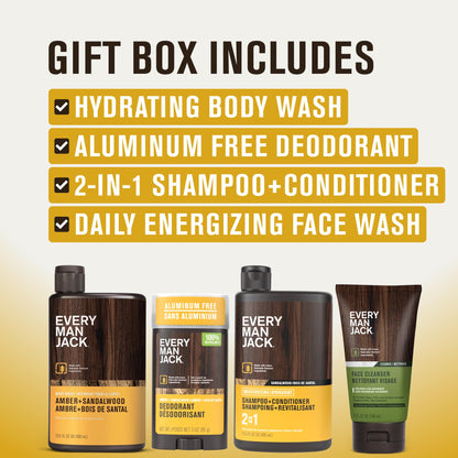 Every Man Jack Men's Bath and Body Gift Set - Amber + Sandalwood Scent - Clean Ingredients - Includes Hydrating Body Wash, 2-in-1 Shampoo, Aluminum-free Deodorant & Face Wash