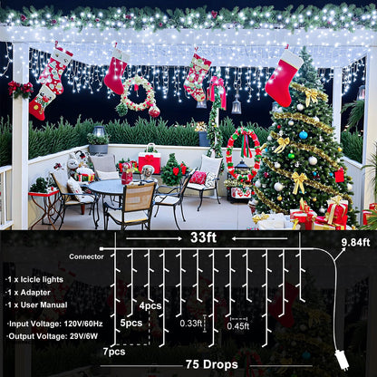 Icicle lights Outdoor - 33ft Christmas Lights with 400LED 75 Drops 8 Modes, Plug in Curtain String Lights Waterproof for Holiday Wedding Party Home Garden Bedroom Indoor Outdoor Decoration, Cool White