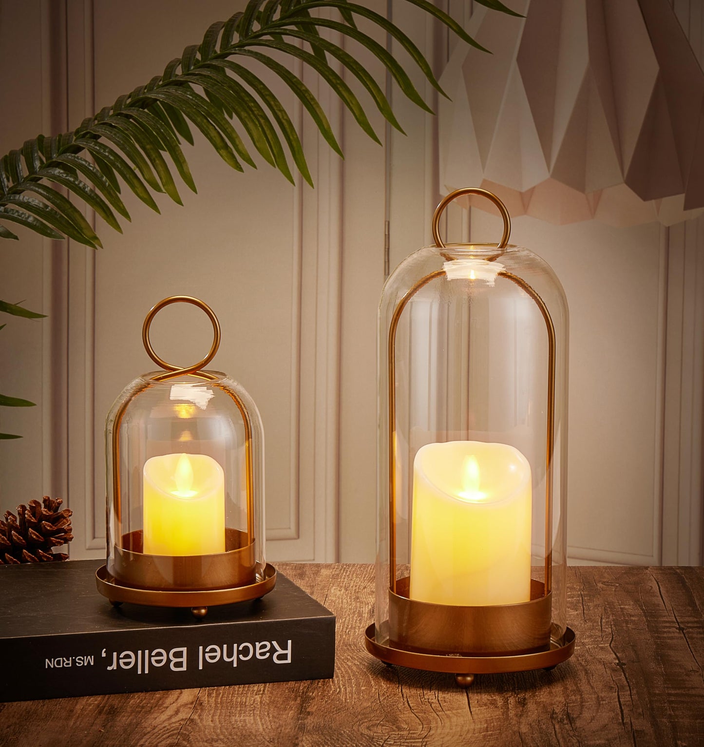 BUZFOWU Candle Holder Lanterns, Handcrafted Metal & Glass with Modern Aesthetic Design, Hurricane Pillar Candlestick Holders, Table or Hanging Decorations Set of 2, 5.1" & 4.4" Diameter, Gold