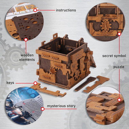 WOODEN.CITY Escape Room Puzzle Box – 3D Wooden Puzzle Box for Adults & Teens, Brain Teaser Puzzle Box Secret Lock Box with Cluebox Mechanism – Mechanical Wood Puzzle Box Kit, Unique Puzzle Boxes Gift