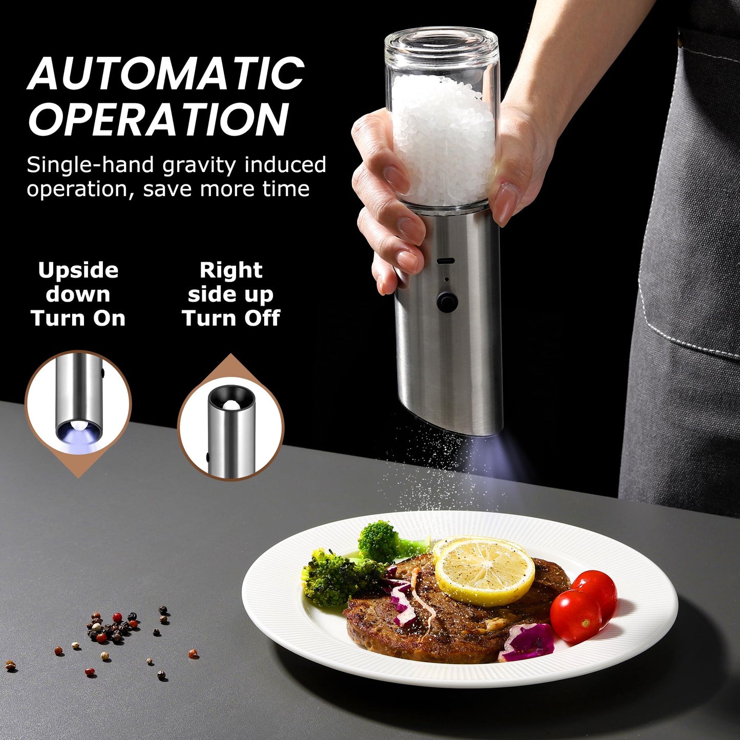 VEVOK CHEF Electric Salt and Pepper Grinder Set Rechargeable with LED Light Type-C Automatic Gravity Stainless Steel Pepper Mill Spice Grinder Adjustable Coarseness