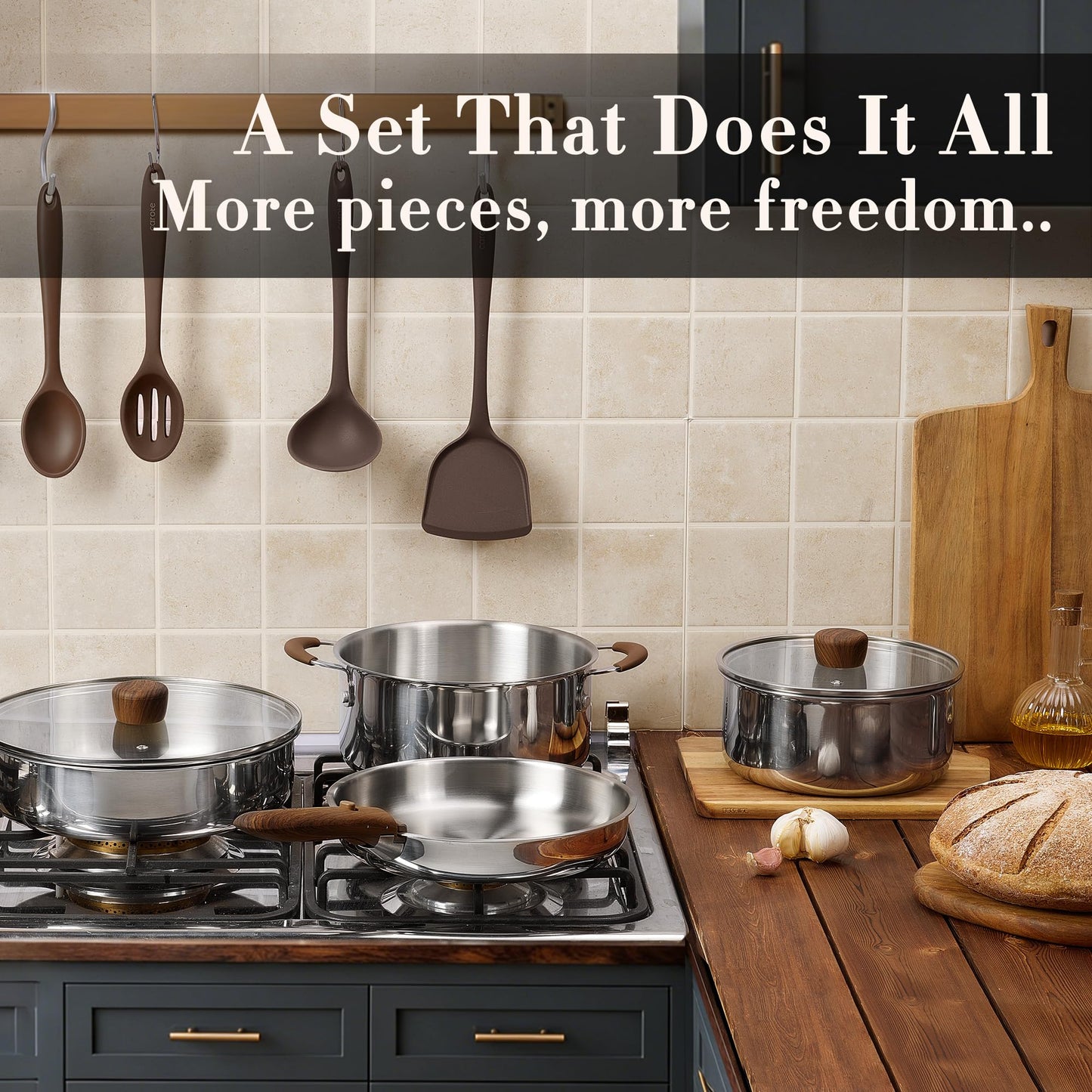 CAROTE 19pcs Stainless Steel Cookware Set with Detachable Handle, Pots and Pans Set, Induction Kitchen Cooking Sets, RV/Camping Cookware, Removable Handle, Oven Safe, Woodgrain, Mothers Day Gifts
